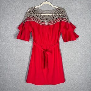 Esley Boho Dress Medium Red Crochet Tiered Ruffle Belted Festival Whimsical